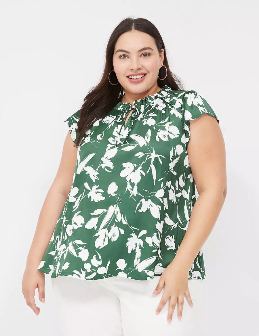 Women Lane Bryant Cap Flutter-Sleeve Satin & Knit Top T Shirts Green | LCF6553EQ