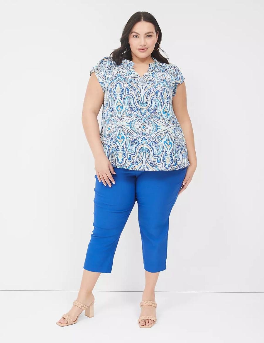 Women Lane Bryant Cap Flutter-Sleeve Satin & Knit Top T Shirts Blue | XZA9855GG