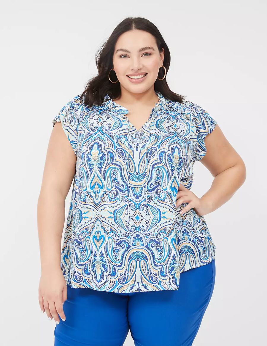 Women Lane Bryant Cap Flutter-Sleeve Satin & Knit Top T Shirts Blue | XZA9855GG