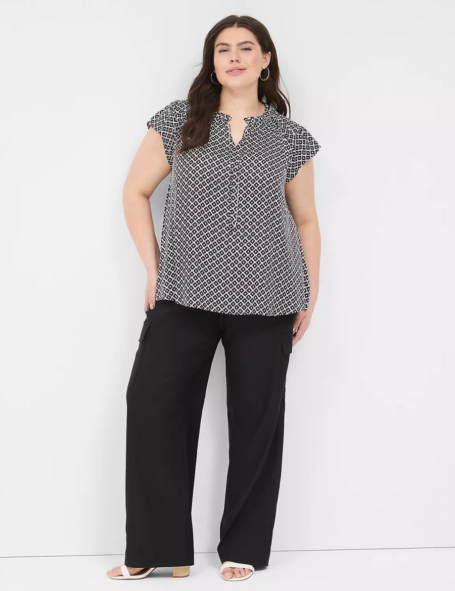 Women Lane Bryant Cap Flutter-Sleeve Satin & Knit Top T Shirts Black | SYU2697RW