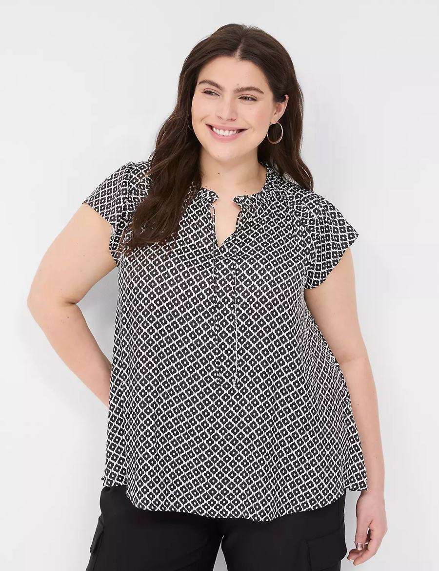 Women Lane Bryant Cap Flutter-Sleeve Satin & Knit Top T Shirts Black | SYU2697RW