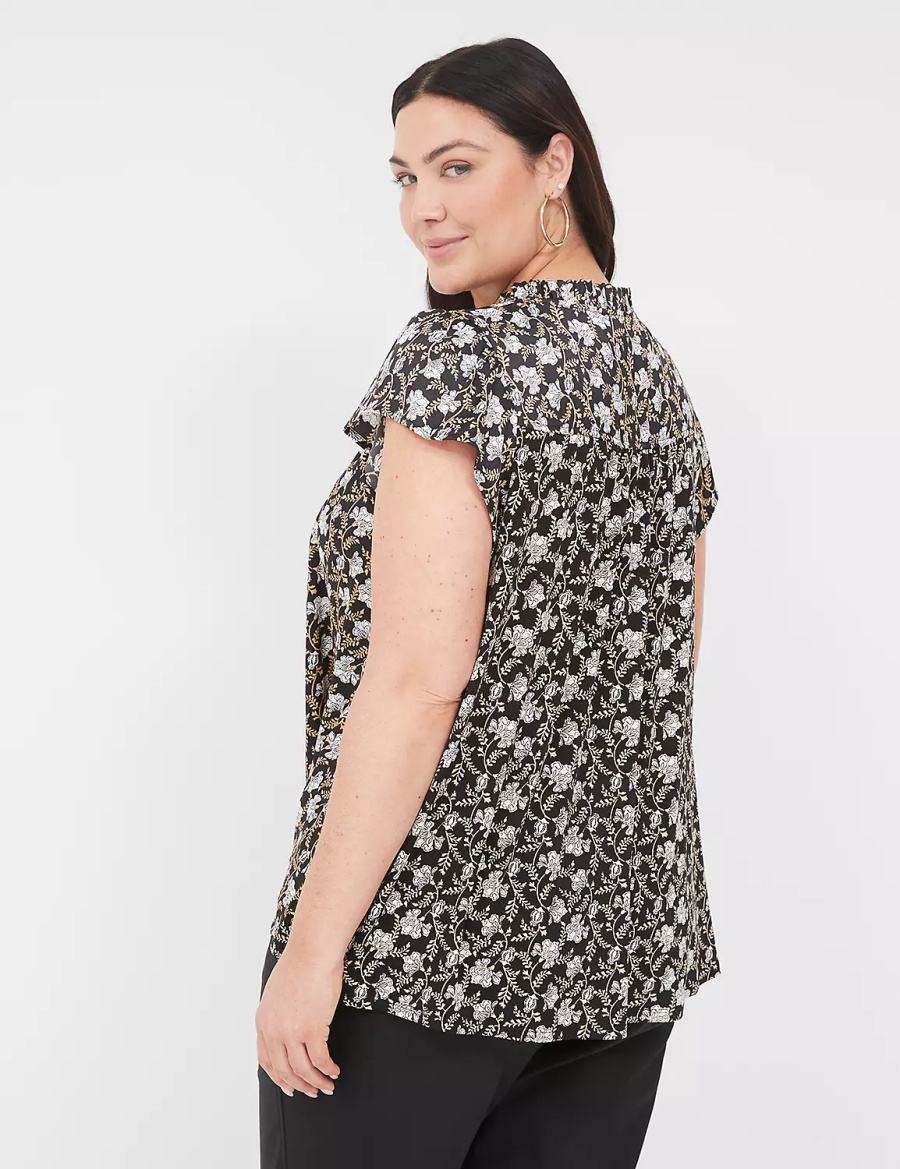 Women Lane Bryant Cap Flutter-Sleeve Satin & Knit Top T Shirts Black | APE3820PQ