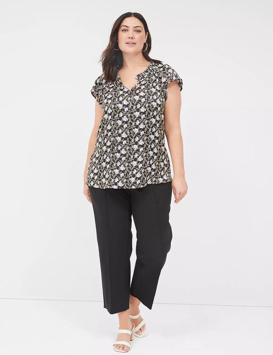 Women Lane Bryant Cap Flutter-Sleeve Satin & Knit Top T Shirts Black | APE3820PQ