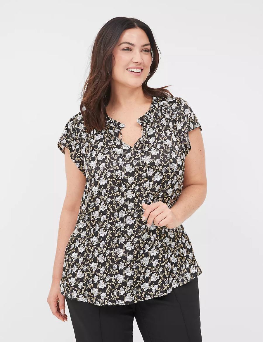 Women Lane Bryant Cap Flutter-Sleeve Satin & Knit Top T Shirts Black | APE3820PQ