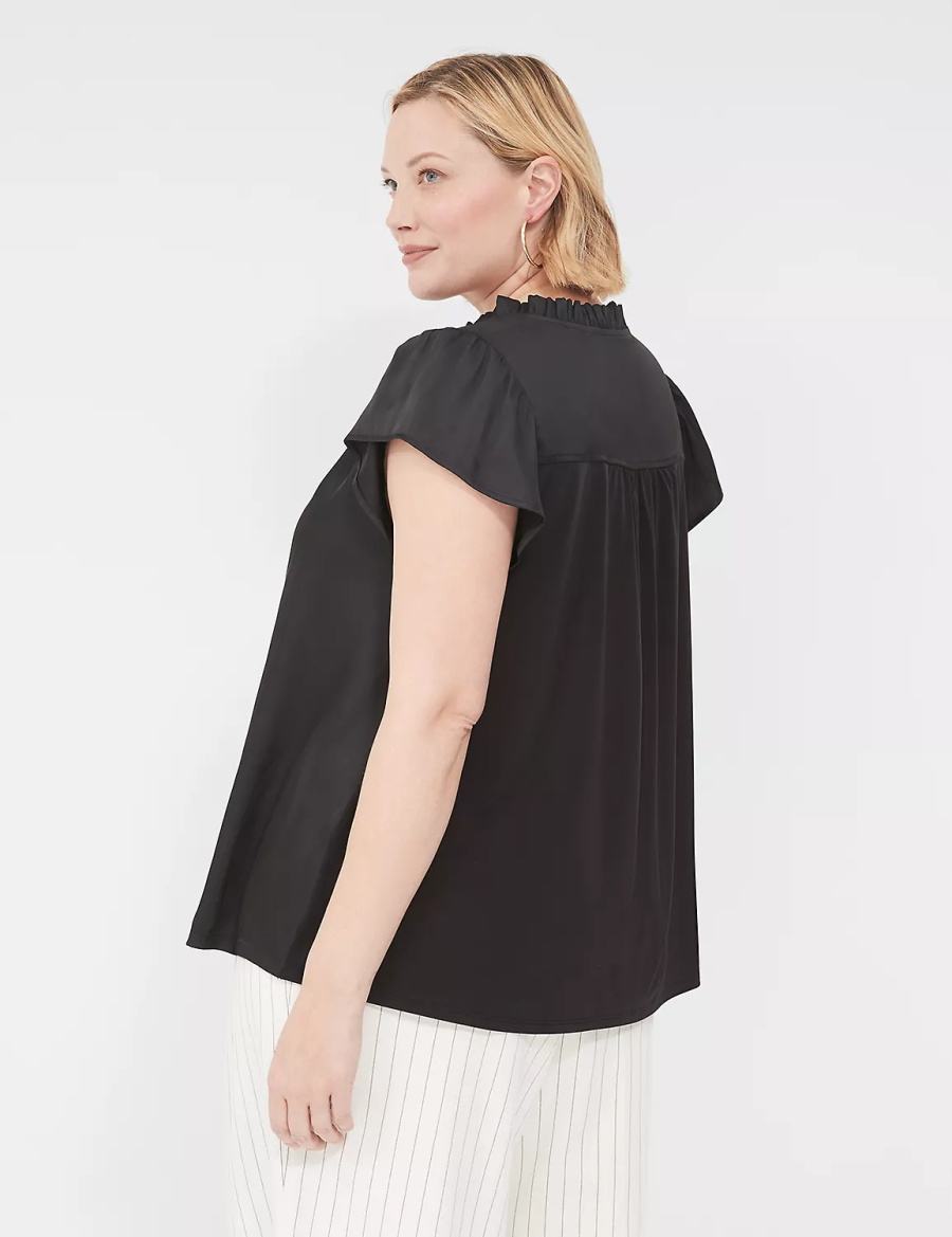 Women Lane Bryant Cap Flutter-Sleeve Satin & Knit Top T Shirts Black | VBJ6127SQ