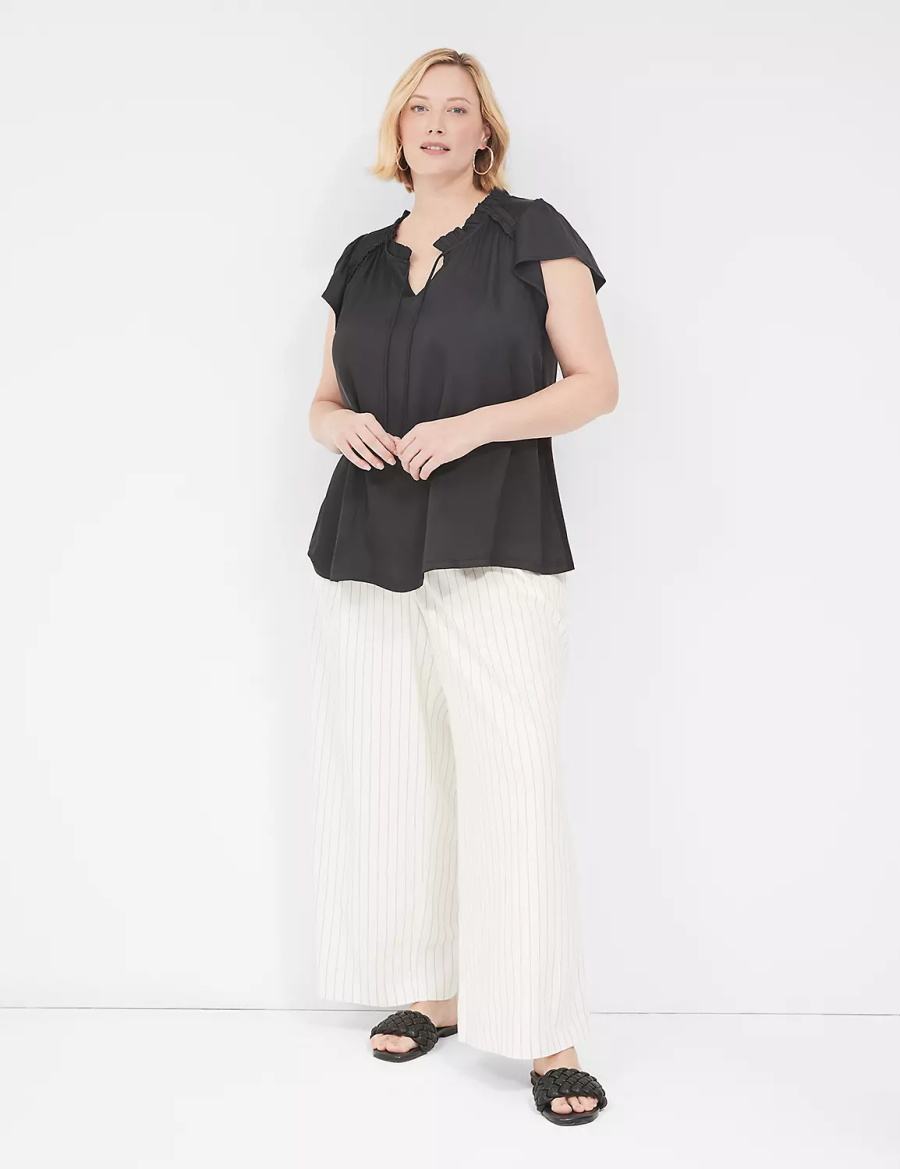 Women Lane Bryant Cap Flutter-Sleeve Satin & Knit Top T Shirts Black | VBJ6127SQ