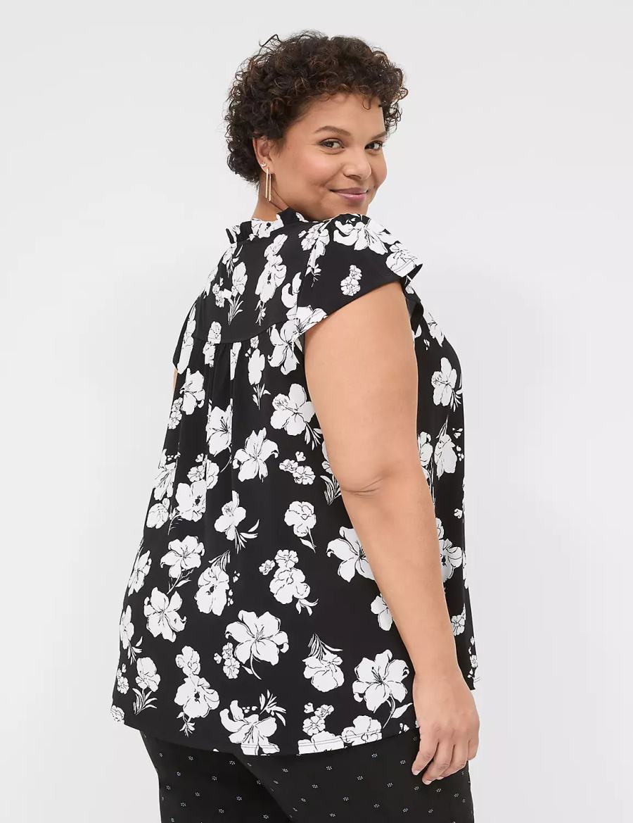 Women Lane Bryant Cap Flutter-Sleeve Top T Shirts Black White | YOO3313VS