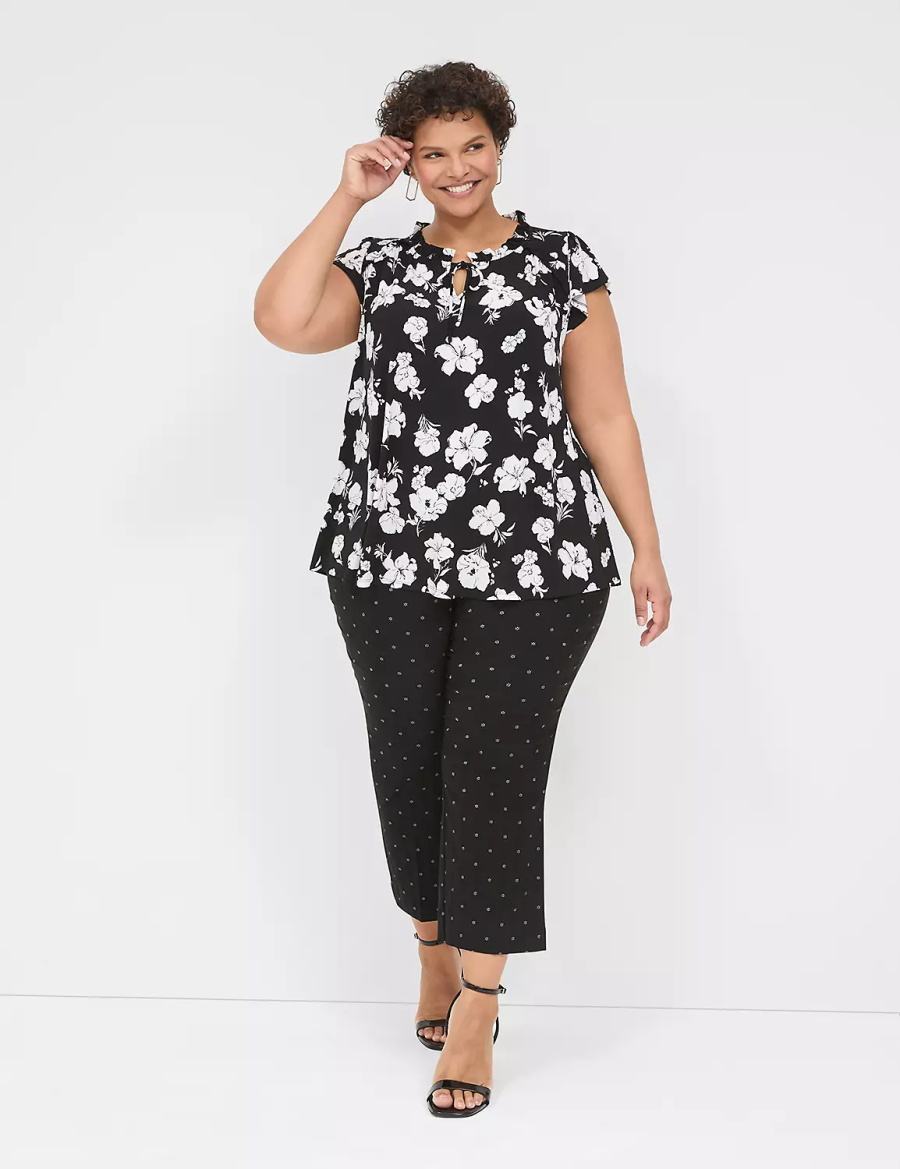 Women Lane Bryant Cap Flutter-Sleeve Top T Shirts Black White | YOO3313VS