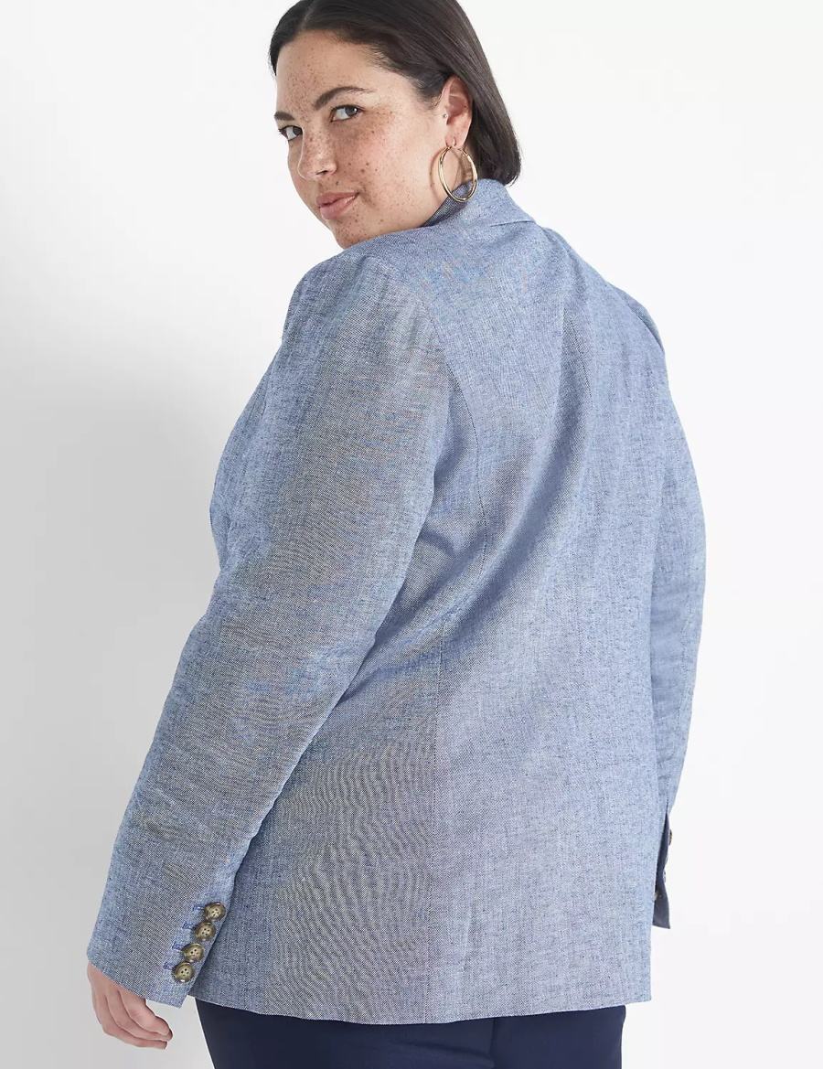 Women Lane Bryant Chambray Linen Long-Sleeve Blazers Blue Grey | ELZ2721LI