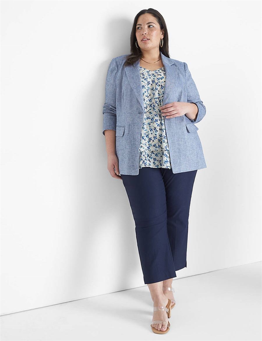 Women Lane Bryant Chambray Linen Long-Sleeve Blazers Blue Grey | ELZ2721LI
