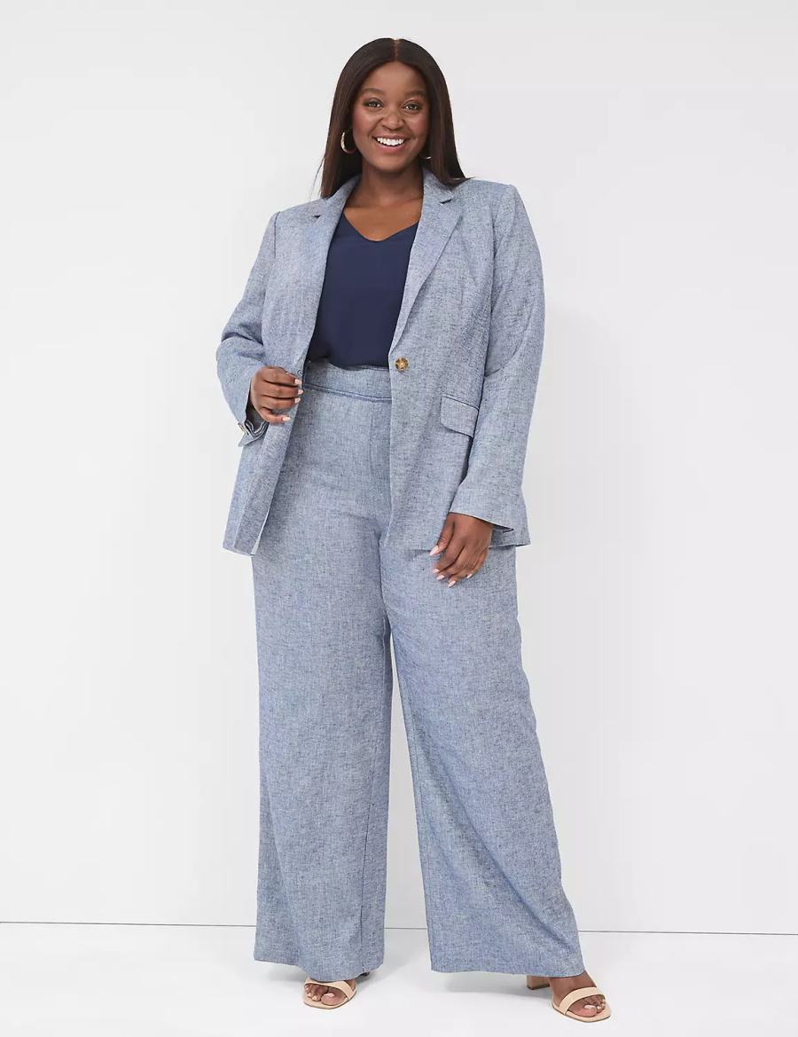 Women Lane Bryant Chambray Linen Long-Sleeve Blazers Blue Grey | ELZ2721LI