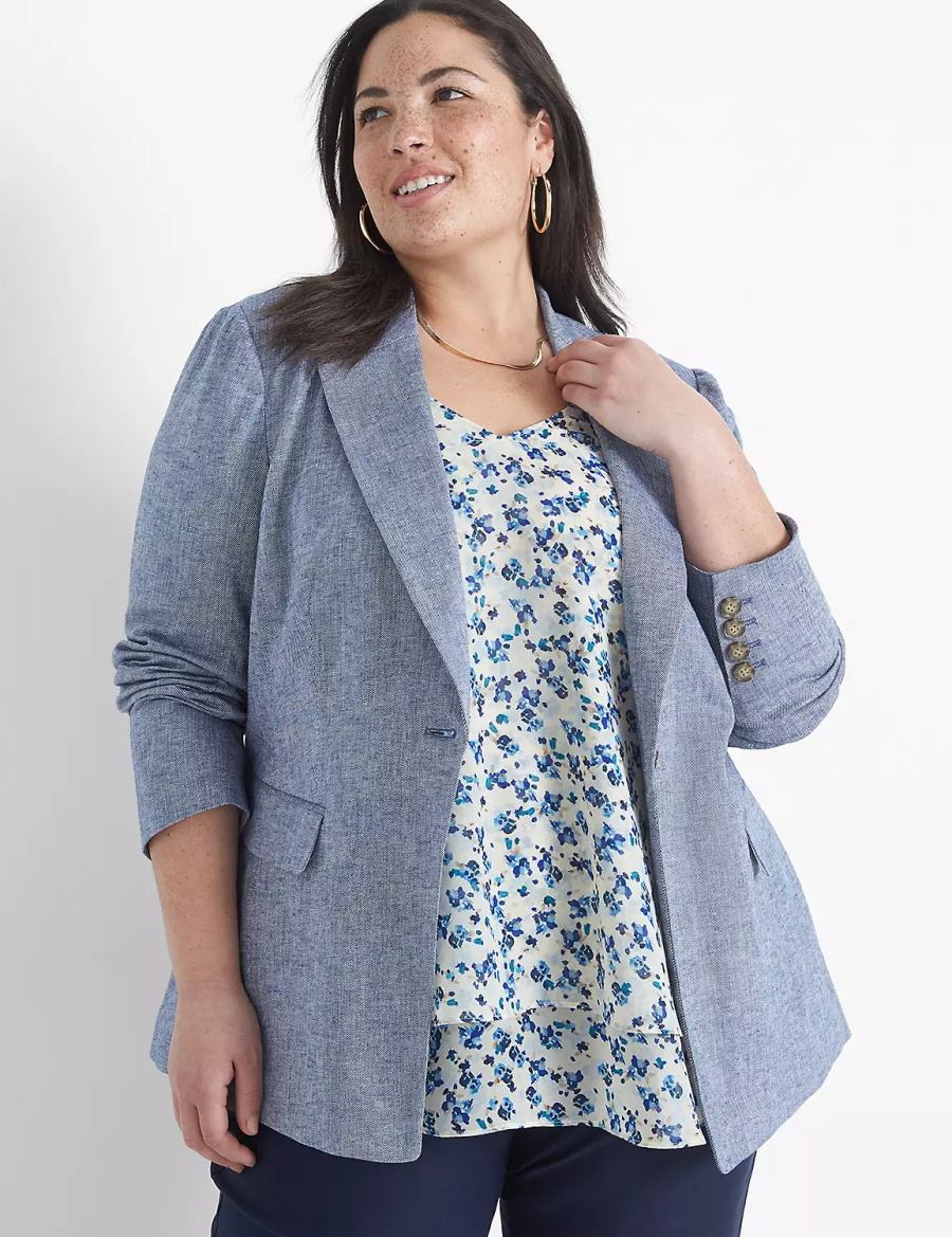 Women Lane Bryant Chambray Linen Long-Sleeve Blazers Blue Grey | ELZ2721LI