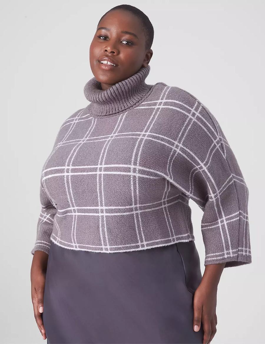 Women Lane Bryant Classic 3/4-Sleeve Mock-Neck Jacquard Crop Sweaters Grey | SSF6140NN