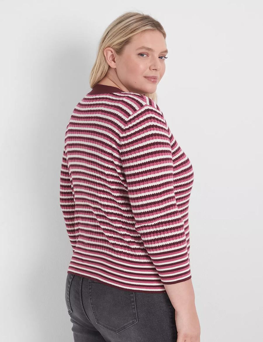 Women Lane Bryant Classic 3/4-Sleeve V-Neck Button-Front - Stripe Cardigan Red | BVJ1844MB