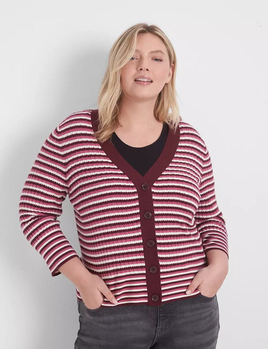 Women Lane Bryant Classic 3/4-Sleeve V-Neck Button-Front - Stripe Cardigan Red | BVJ1844MB