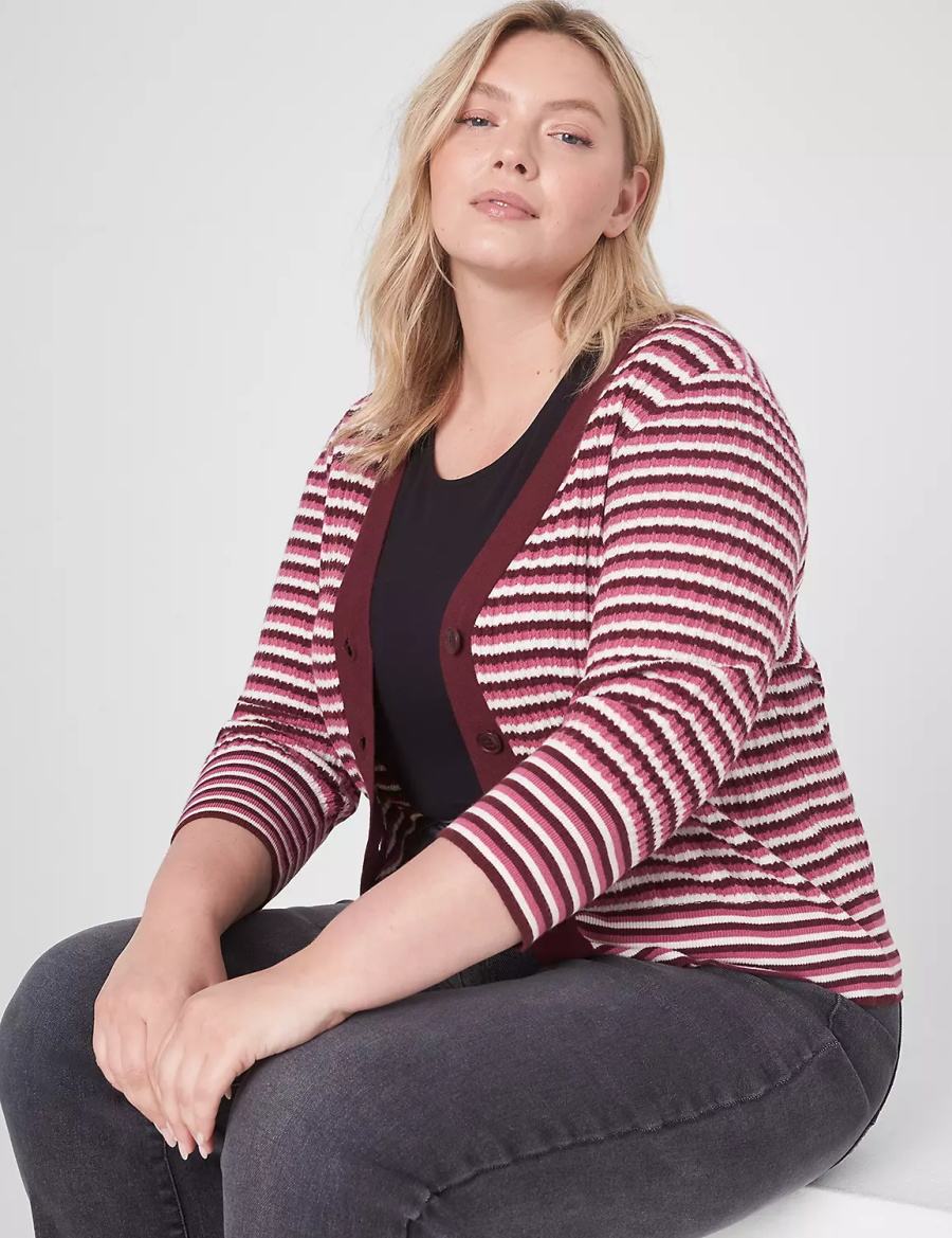 Women Lane Bryant Classic 3/4-Sleeve V-Neck Button-Front - Stripe Cardigan Red | BVJ1844MB