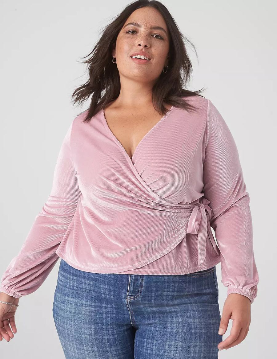 Women Lane Bryant Classic Blouson-Sleeve Surplice Tie Velour Top T Shirts Purple | XDX126UW