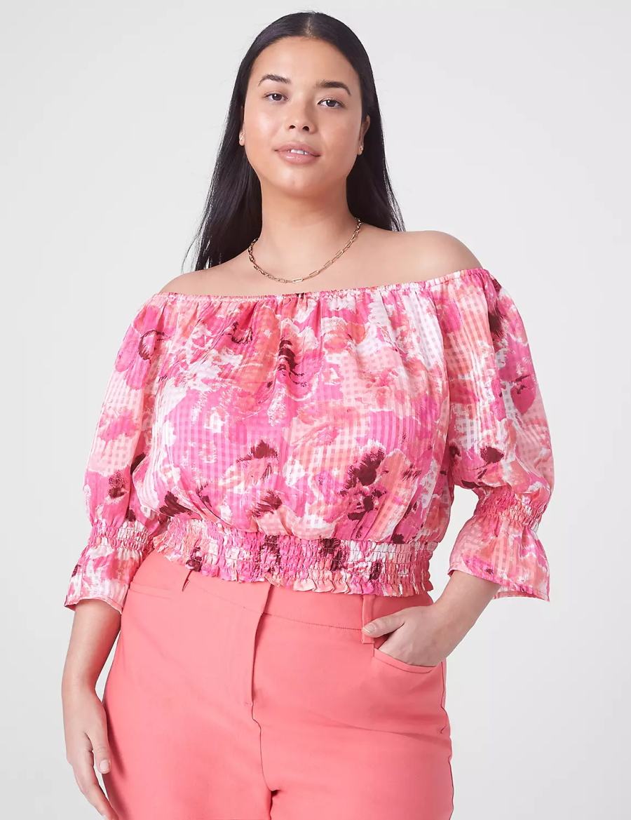 Women Lane Bryant Classic Crop Off-The-Shoulder Chiffon Top Tank Top Pink | ZEF5870JR