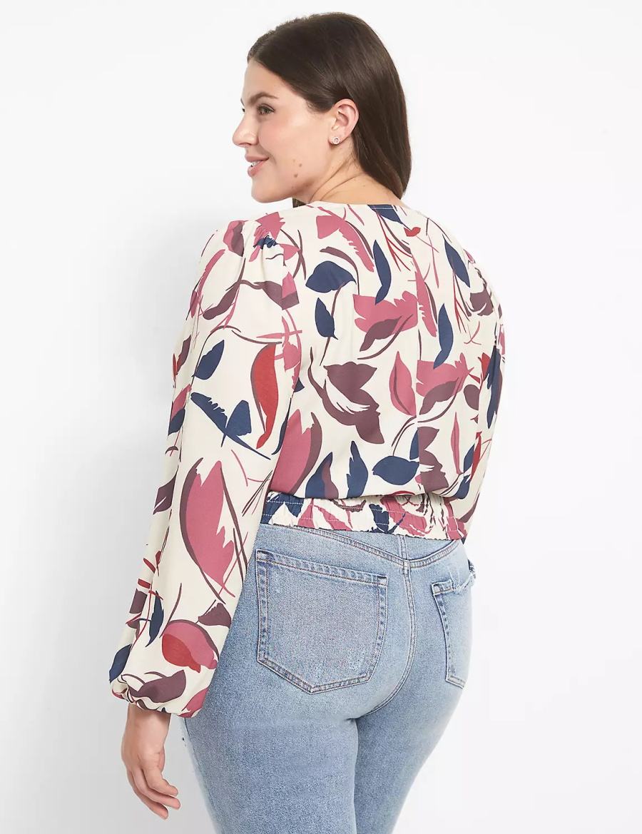 Women Lane Bryant Classic Long-Sleeve Surplice-Neck Shirred-Waist Crop Blouse White Multicolor | XPH671VD