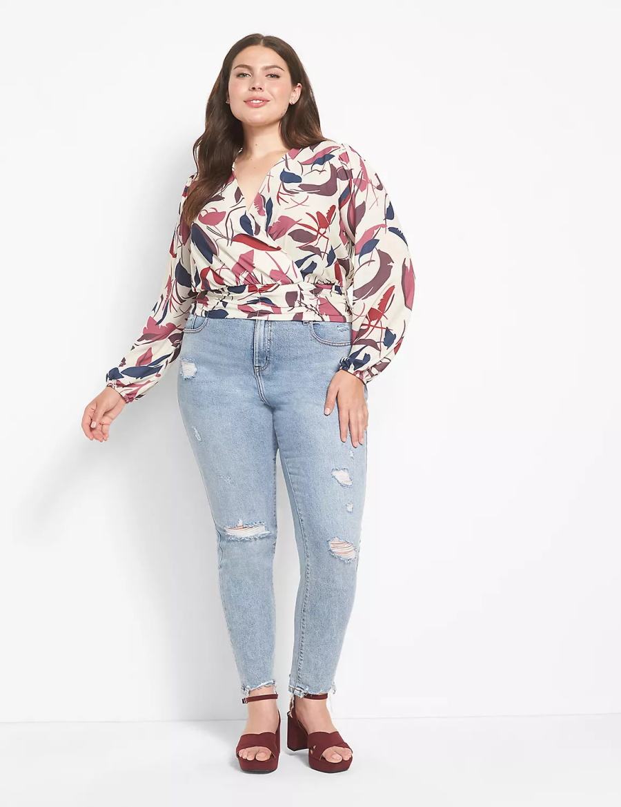 Women Lane Bryant Classic Long-Sleeve Surplice-Neck Shirred-Waist Crop Blouse White Multicolor | XPH671VD