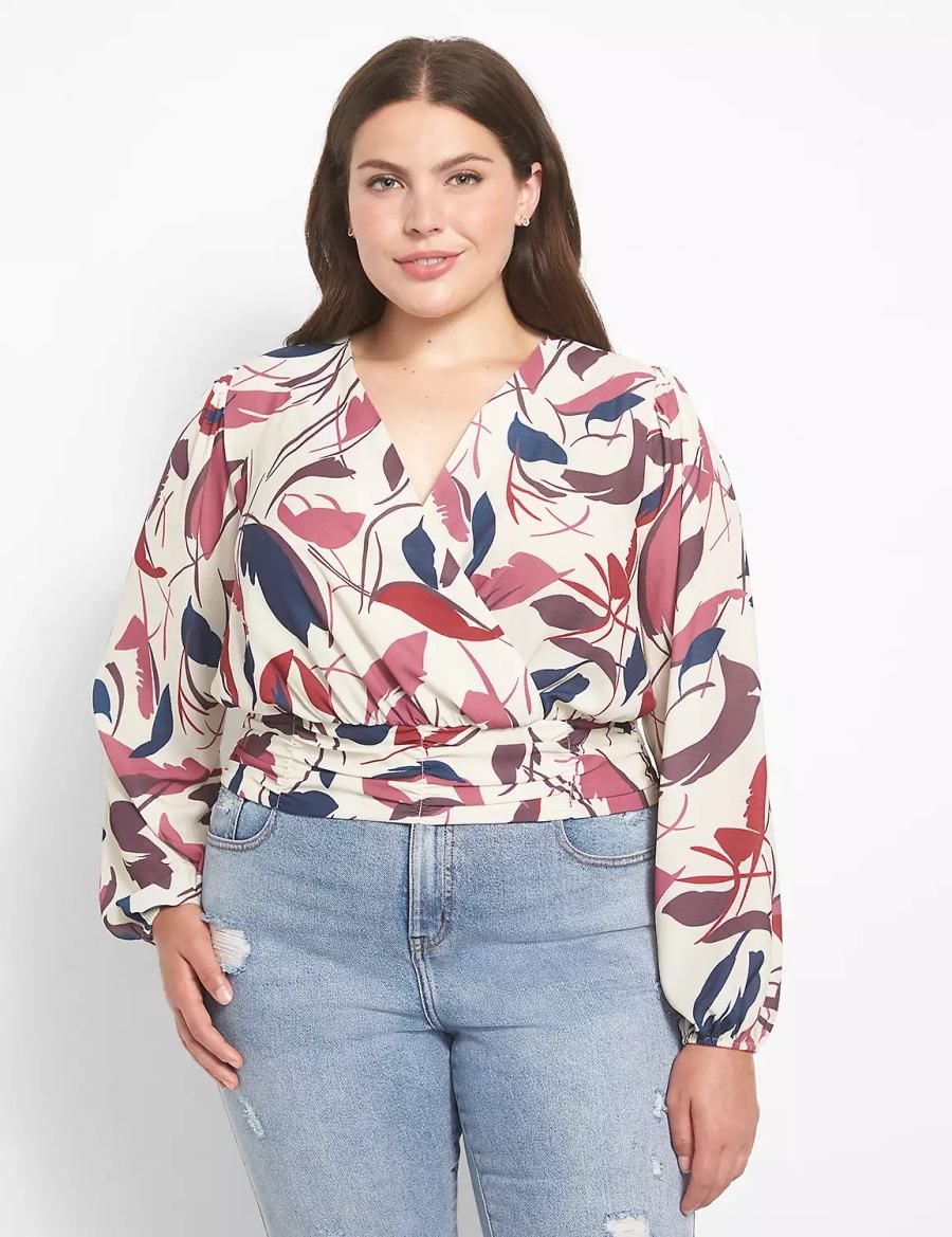 Women Lane Bryant Classic Long-Sleeve Surplice-Neck Shirred-Waist Crop Blouse White Multicolor | XPH671VD