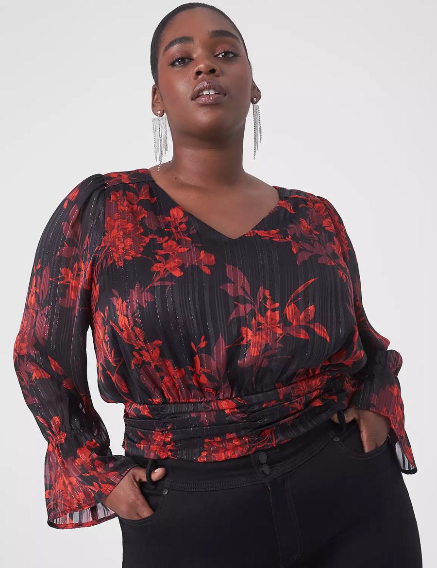 Women Lane Bryant Classic Long-Sleeve V-Neck Crop Top Blouse Red | MHB6652VO