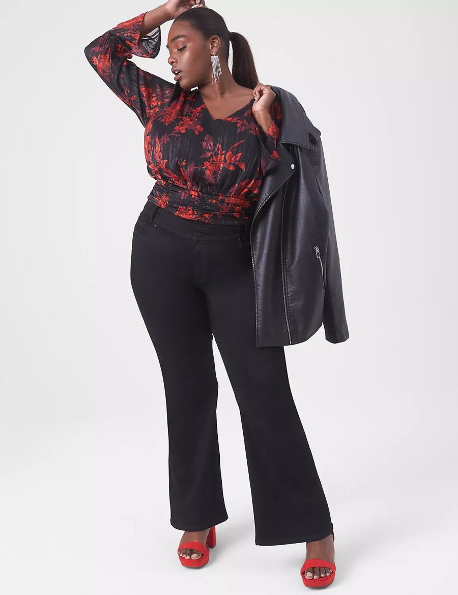 Women Lane Bryant Classic Long-Sleeve V-Neck Crop Top Blouse Red | MHB6652VO