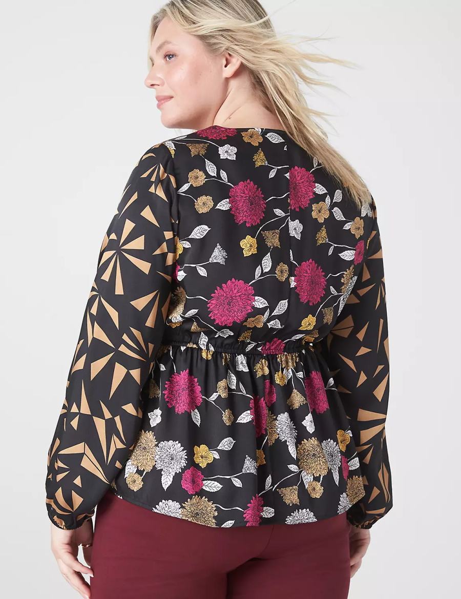 Women Lane Bryant Classic Long-Sleeve V-Neck Peplum Blouse Gold Multicolor | JGB8225NM