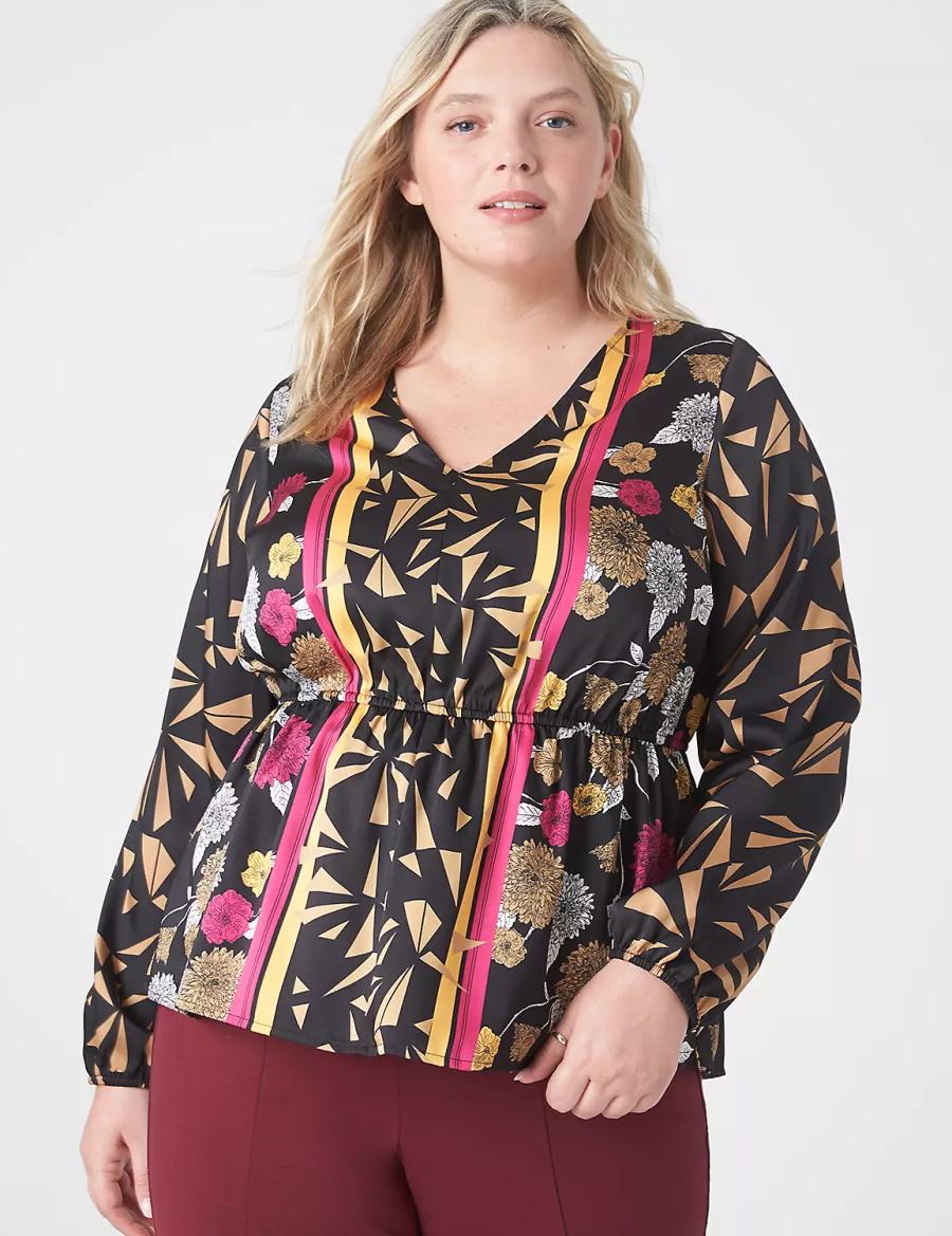 Women Lane Bryant Classic Long-Sleeve V-Neck Peplum Blouse Gold Multicolor | JGB8225NM