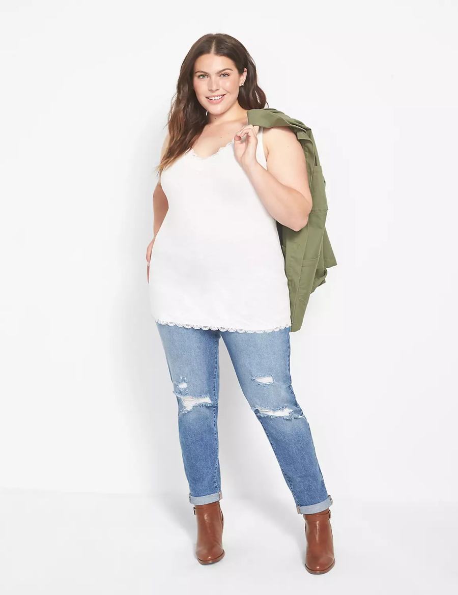 Women Lane Bryant Classic V-Neck Lace-Trim Tank Top White Rose | BBD8969XE