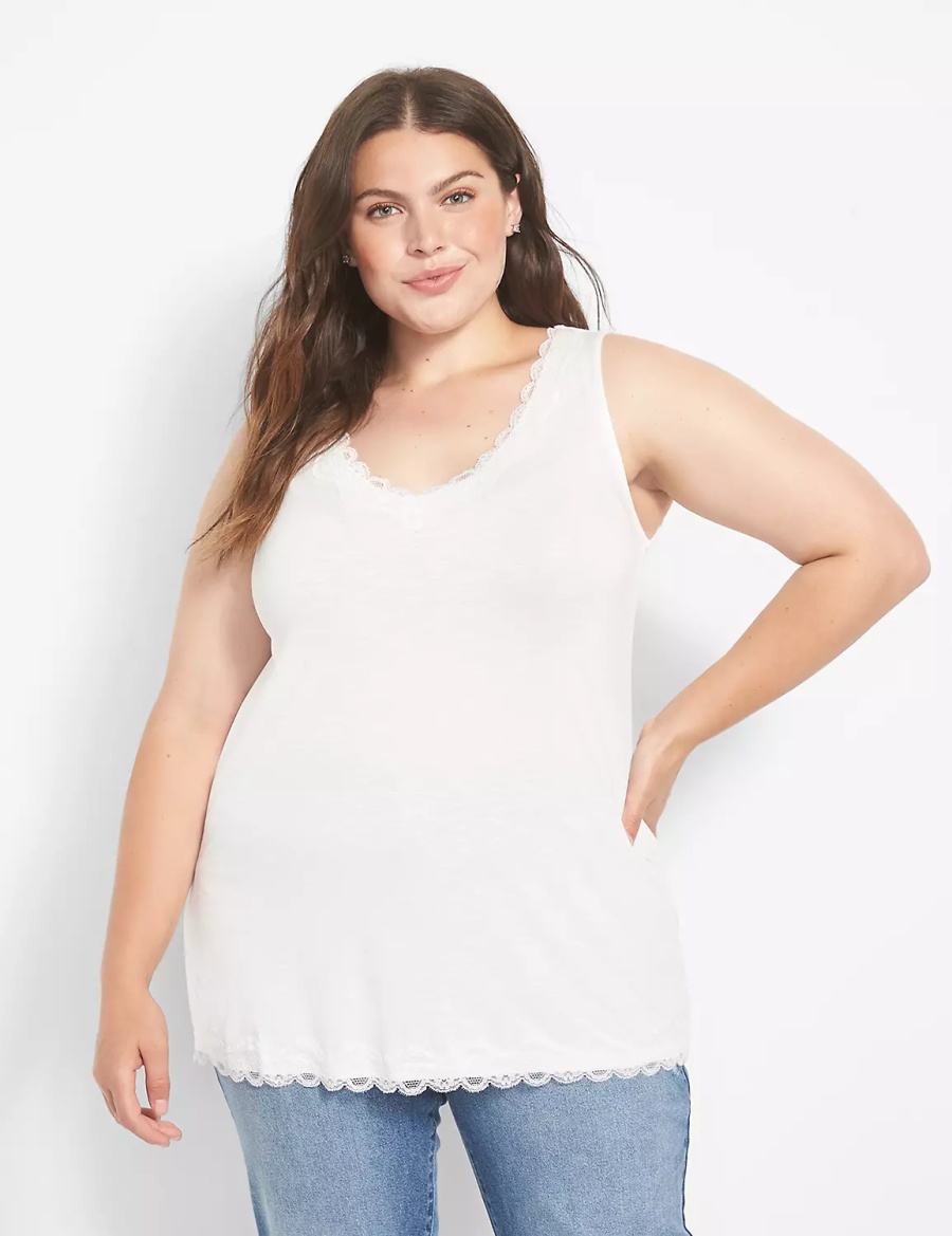 Women Lane Bryant Classic V-Neck Lace-Trim Tank Top White Rose | BBD8969XE