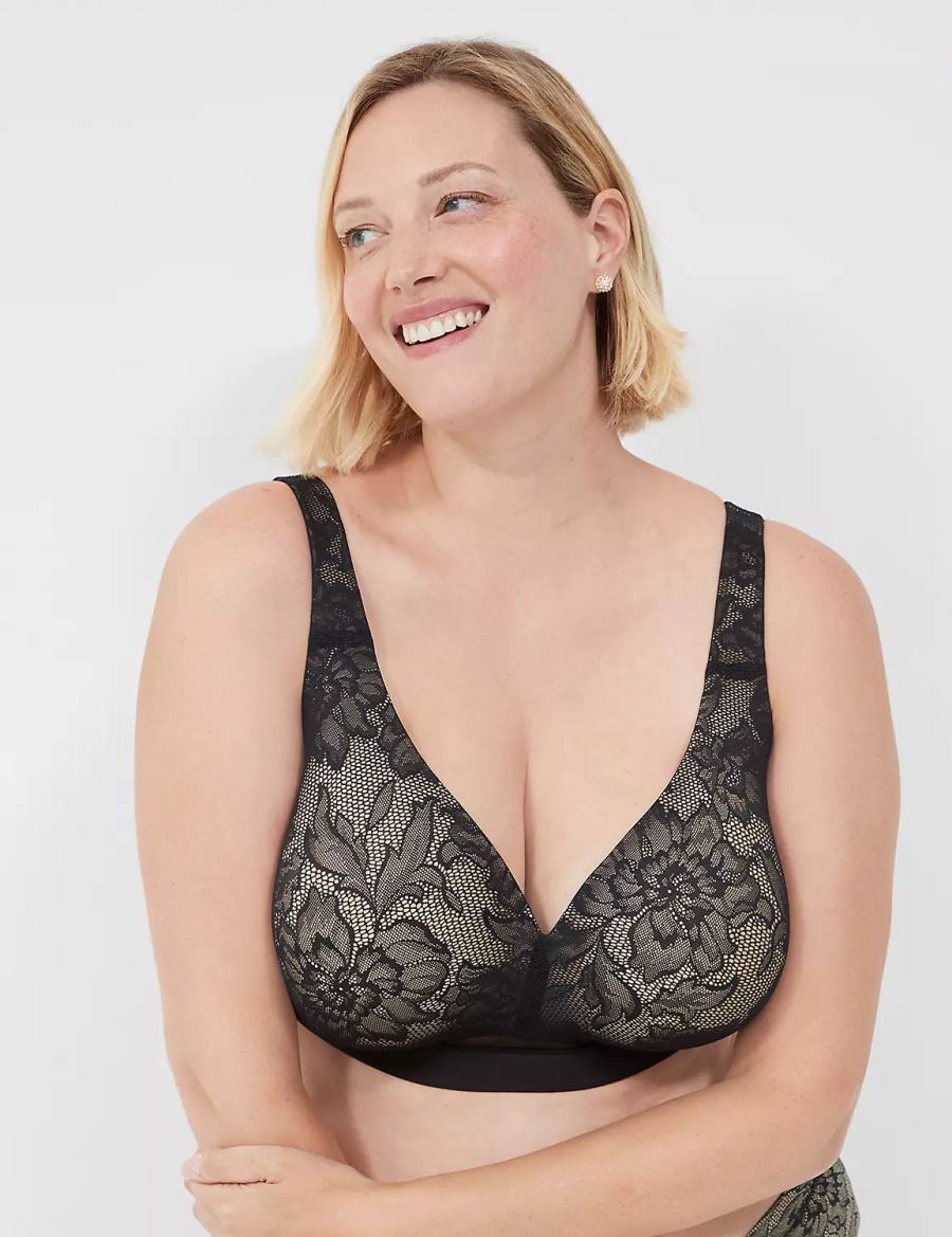 Women Lane Bryant Comfort Bliss Lightly Lined No-Wire With Lace Bralettes Black | FZS2478ZX