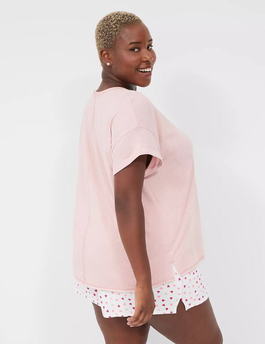 Women Lane Bryant Comfy Cotton Boyfriend Tee & Thermal Short PJ Set Pajamas Pink White | CCH3081NK
