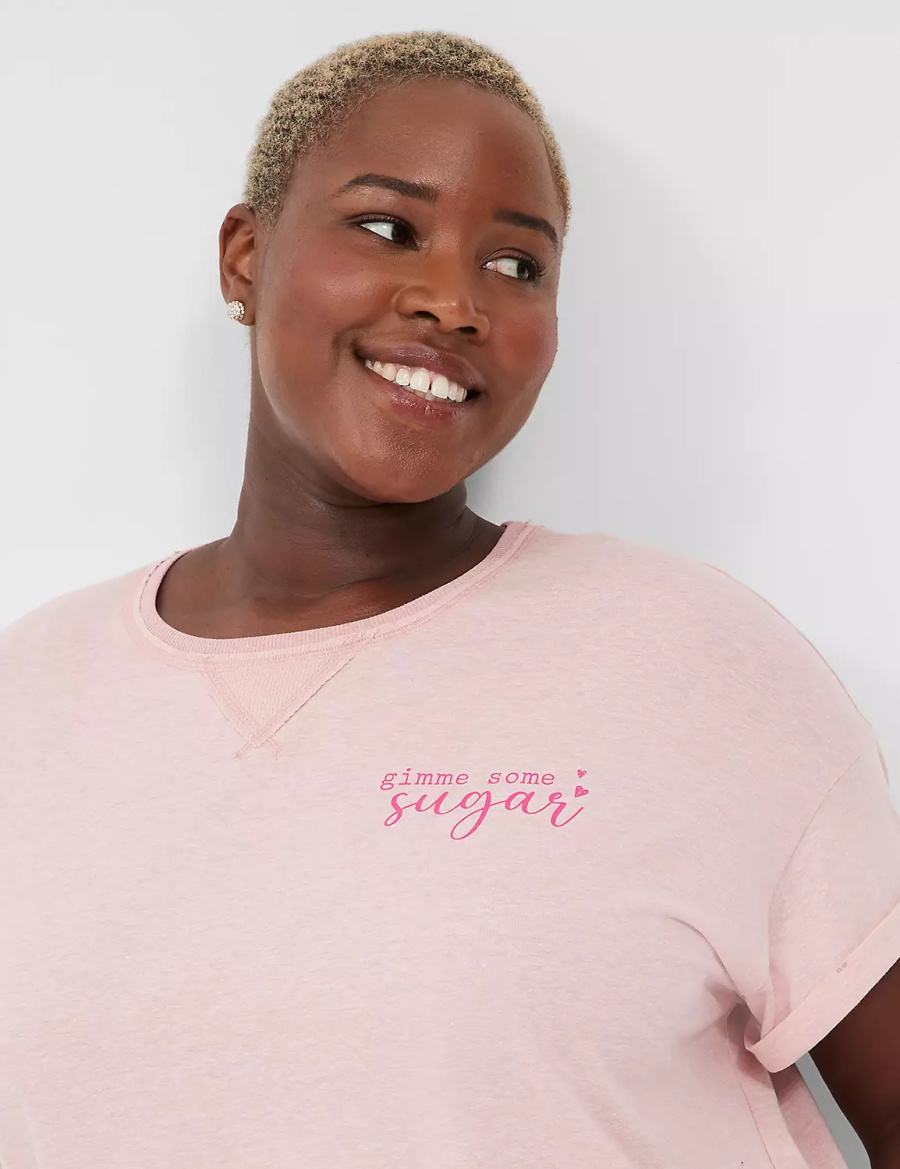 Women Lane Bryant Comfy Cotton Boyfriend Tee & Thermal Short PJ Set Pajamas Pink White | CCH3081NK
