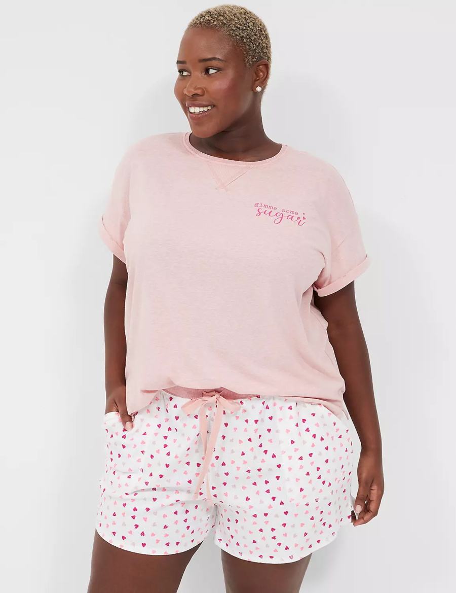 Women Lane Bryant Comfy Cotton Boyfriend Tee & Thermal Short PJ Set Pajamas Pink White | CCH3081NK