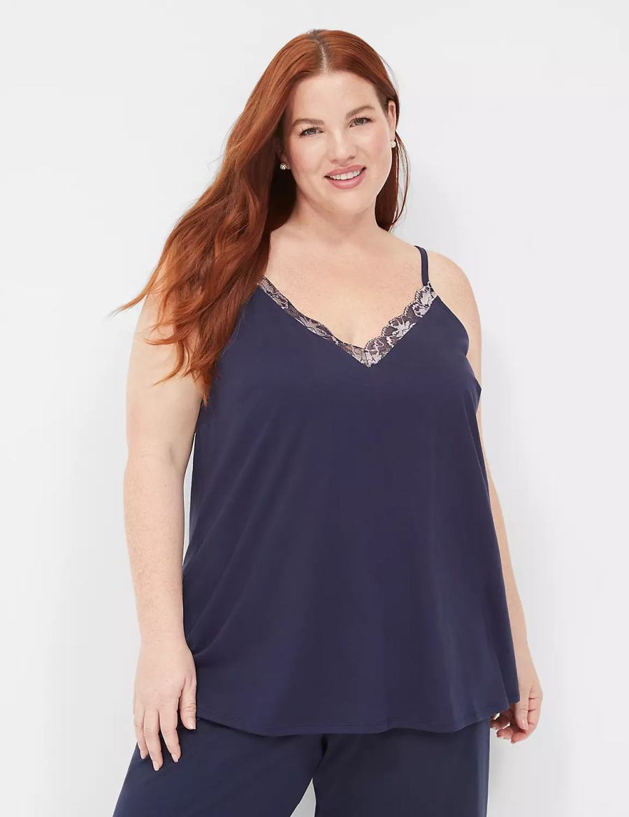 Women Lane Bryant Comfy Cotton Lace-Trim Cami Tanks Blue | JUG1052OR
