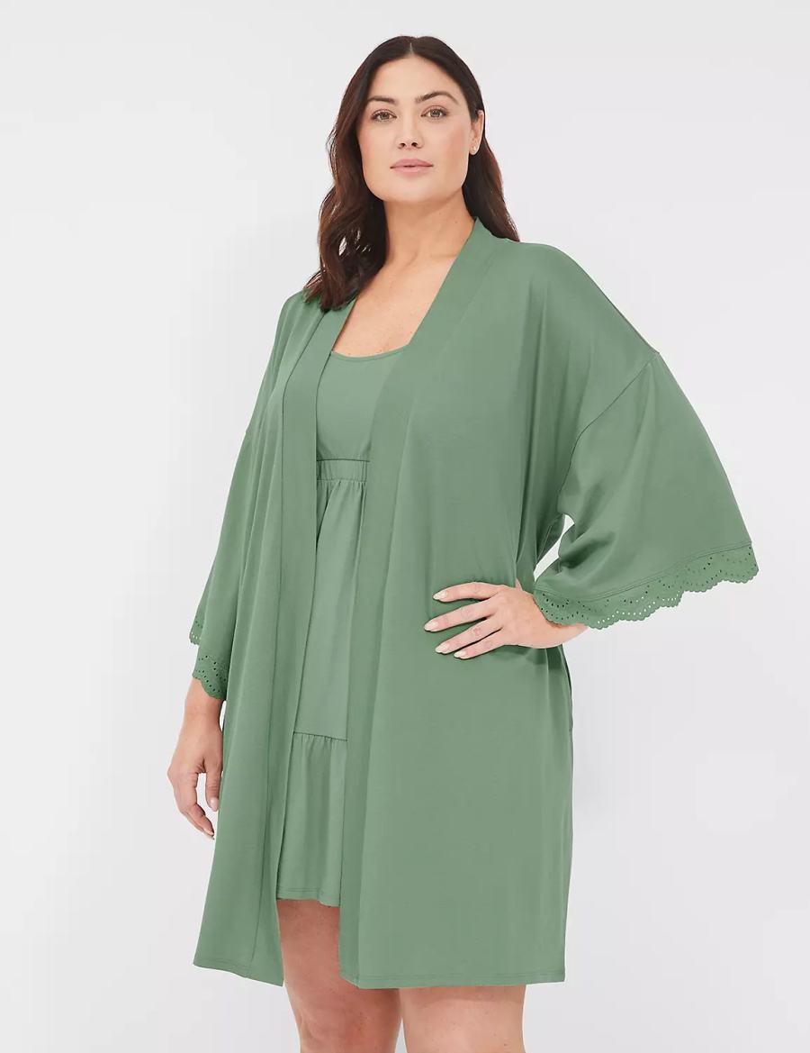 Women Lane Bryant Comfy Cotton Lace-Trim Robe Green | SVT219HT