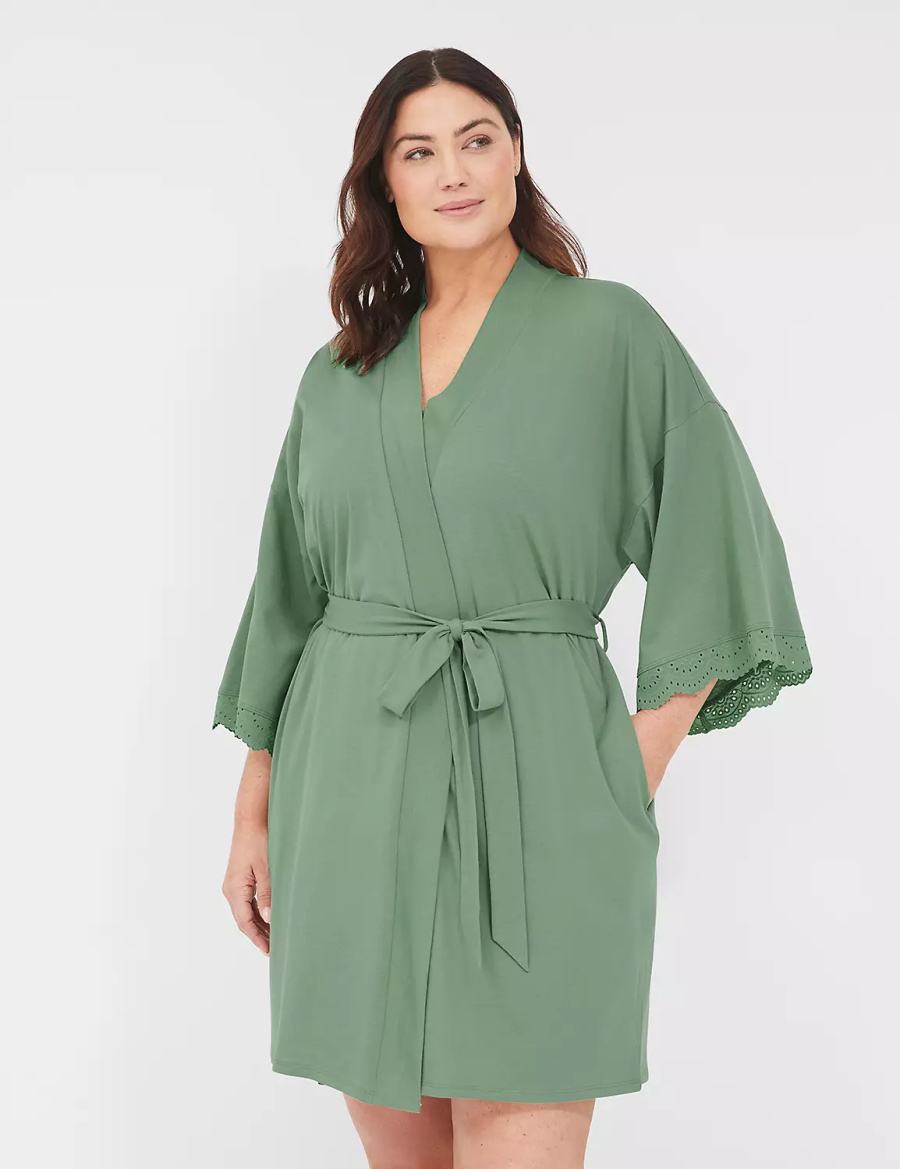 Women Lane Bryant Comfy Cotton Lace-Trim Robe Green | SVT219HT
