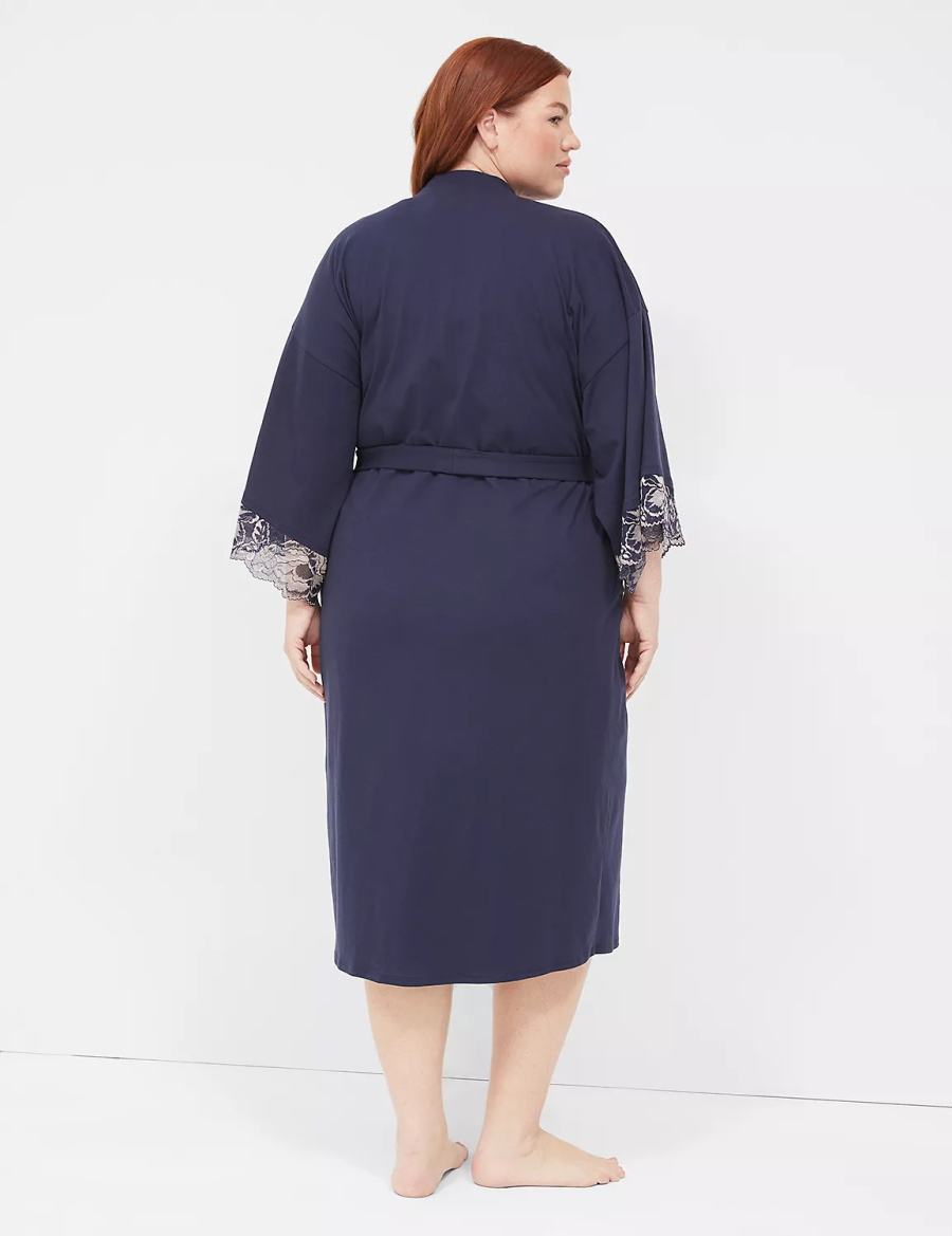 Women Lane Bryant Comfy Cotton Lace-Trim Midi Robe Blue | CUD8036LJ