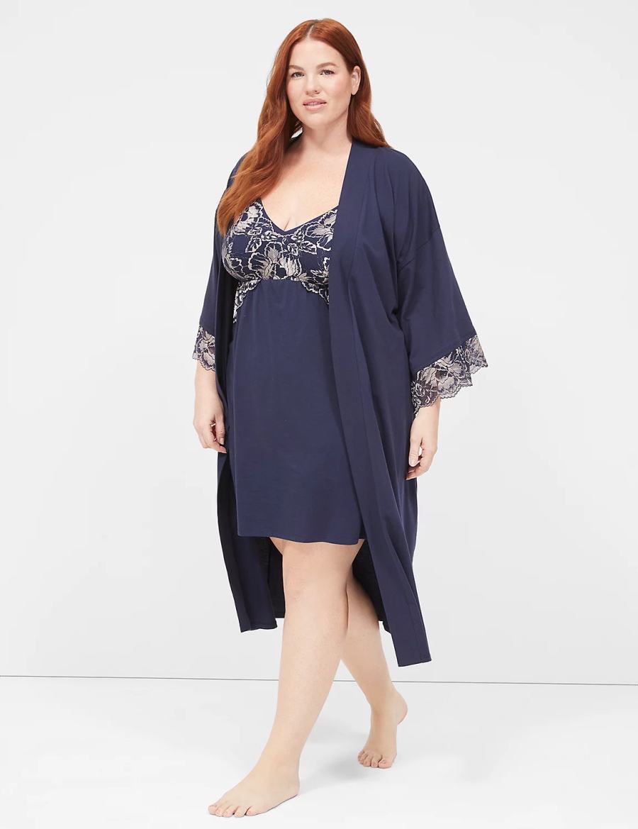 Women Lane Bryant Comfy Cotton Lace-Trim Midi Robe Blue | CUD8036LJ