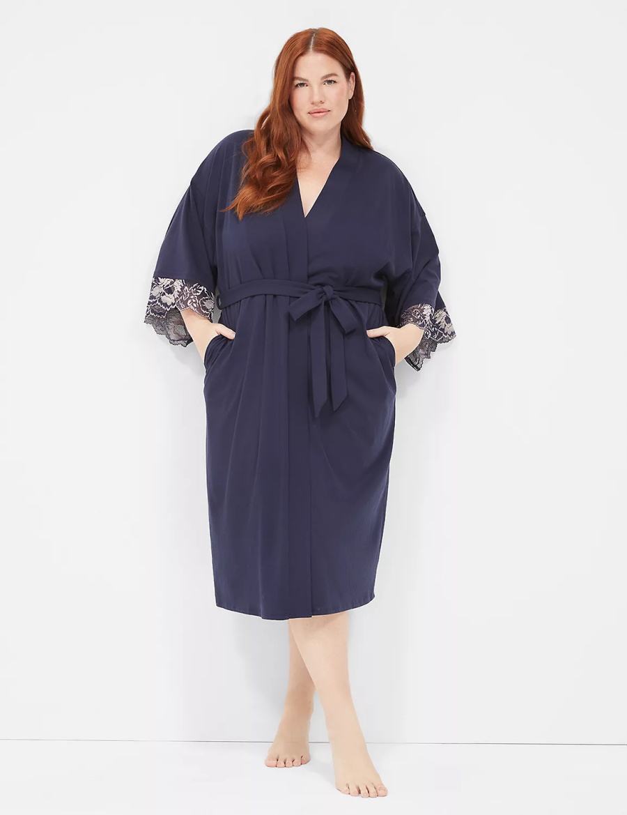 Women Lane Bryant Comfy Cotton Lace-Trim Midi Robe Blue | CUD8036LJ