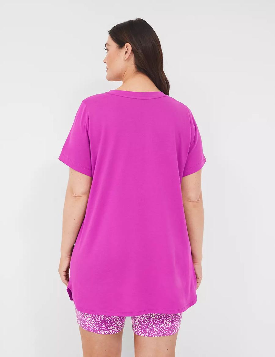 Women Lane Bryant Comfy Cotton Pocket Tee & Bike Short PJ Set Pajamas Purple Burgundy | EGC8633XL