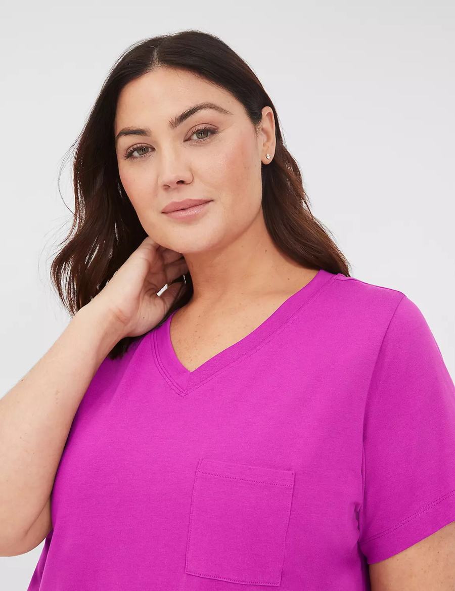 Women Lane Bryant Comfy Cotton Pocket Tee & Bike Short PJ Set Pajamas Purple Burgundy | EGC8633XL
