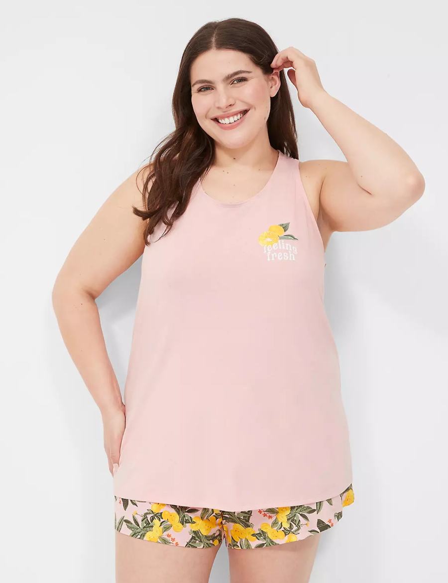 Women Lane Bryant Comfy Cotton Racerback Tank & Short PJ Set Pajamas Pink Multicolor | ZED4295MF