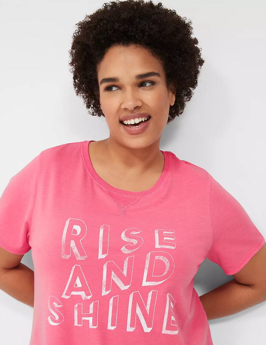 Women Lane Bryant Comfy Cotton Rib-Trim Tee & Short PJ Set Pajamas Pink White | FNM9480PR
