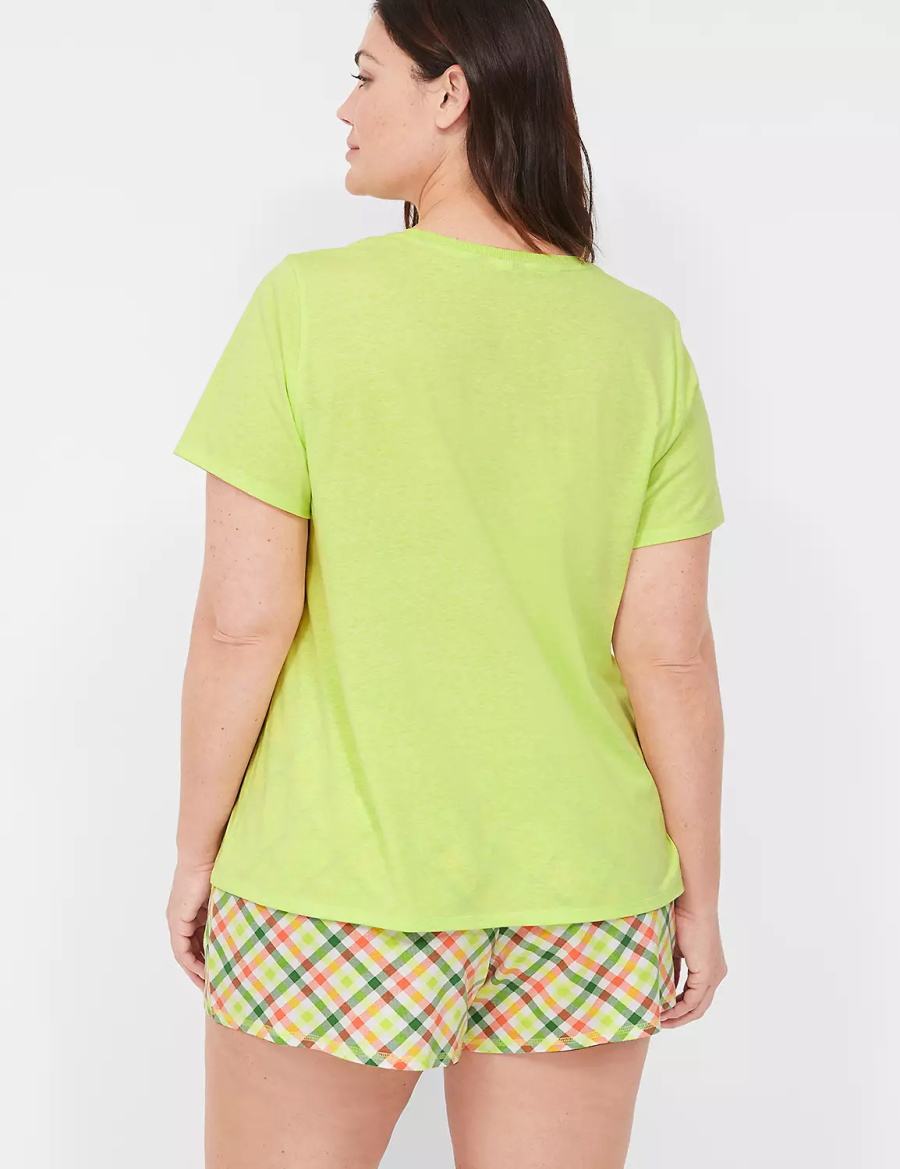 Women Lane Bryant Comfy Cotton Rib-Trim Tee & Short PJ Set Pajamas Green Multicolor | QNA2098XN