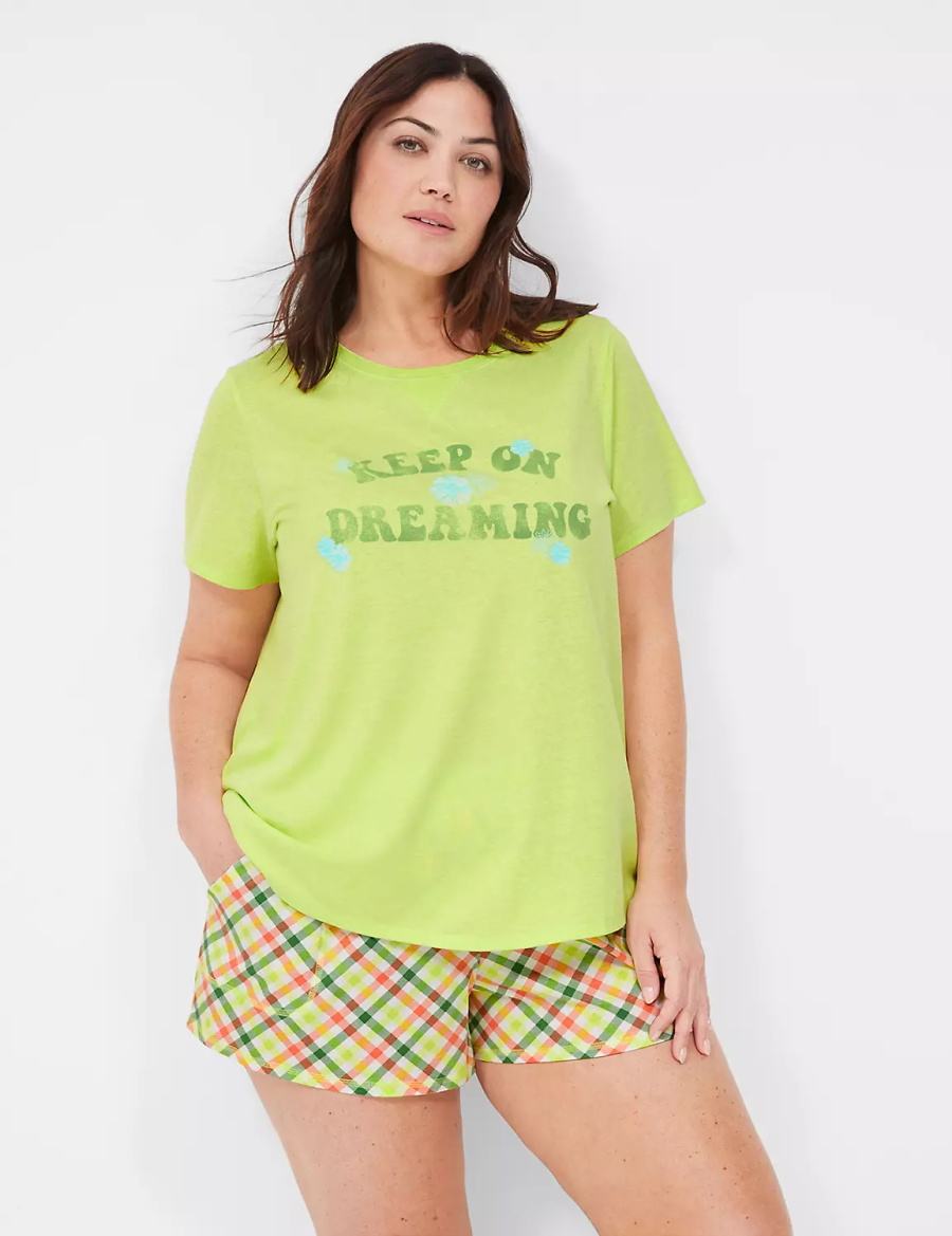 Women Lane Bryant Comfy Cotton Rib-Trim Tee & Short PJ Set Pajamas Green Multicolor | QNA2098XN
