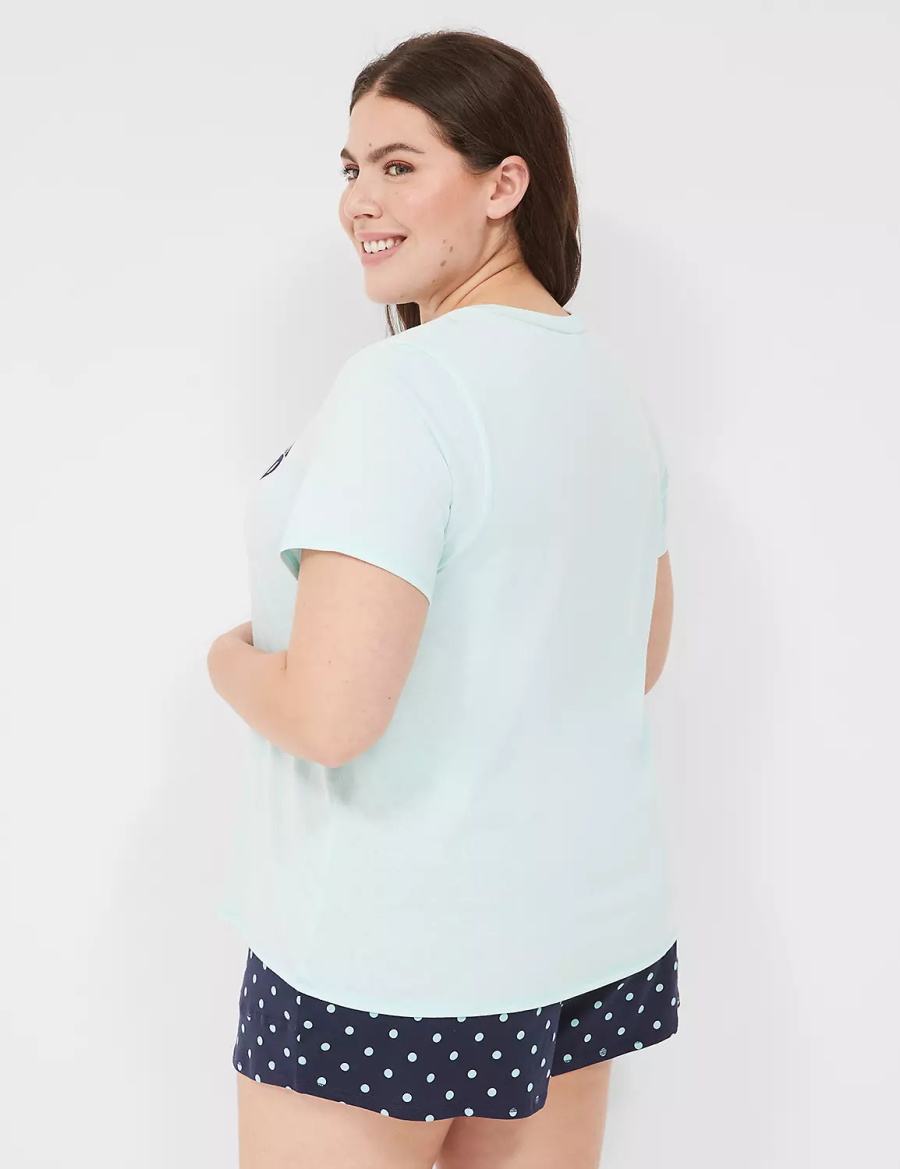 Women Lane Bryant Comfy Cotton Rib-Trim Tee & Short PJ Set Pajamas Light Green Multicolor | RRK4691YT