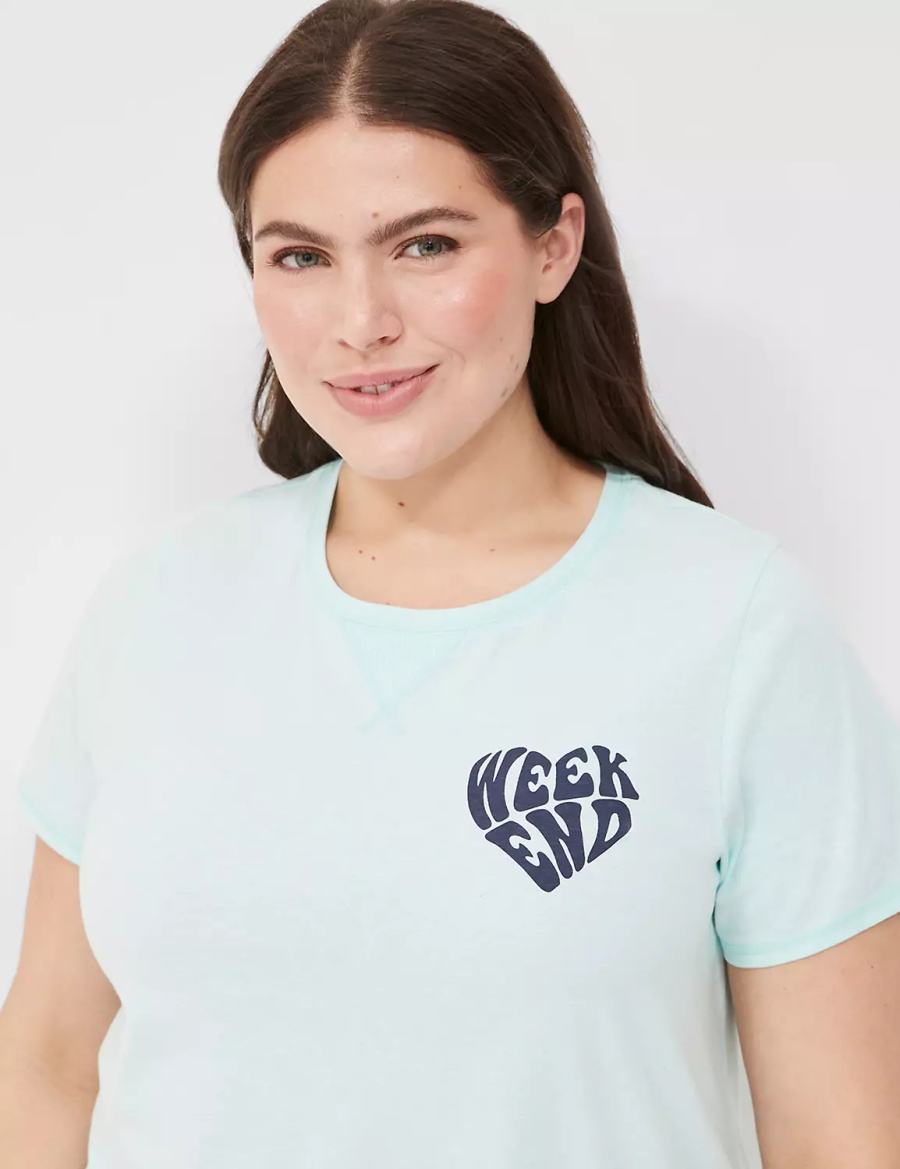 Women Lane Bryant Comfy Cotton Rib-Trim Tee & Short PJ Set Pajamas Light Green Multicolor | RRK4691YT