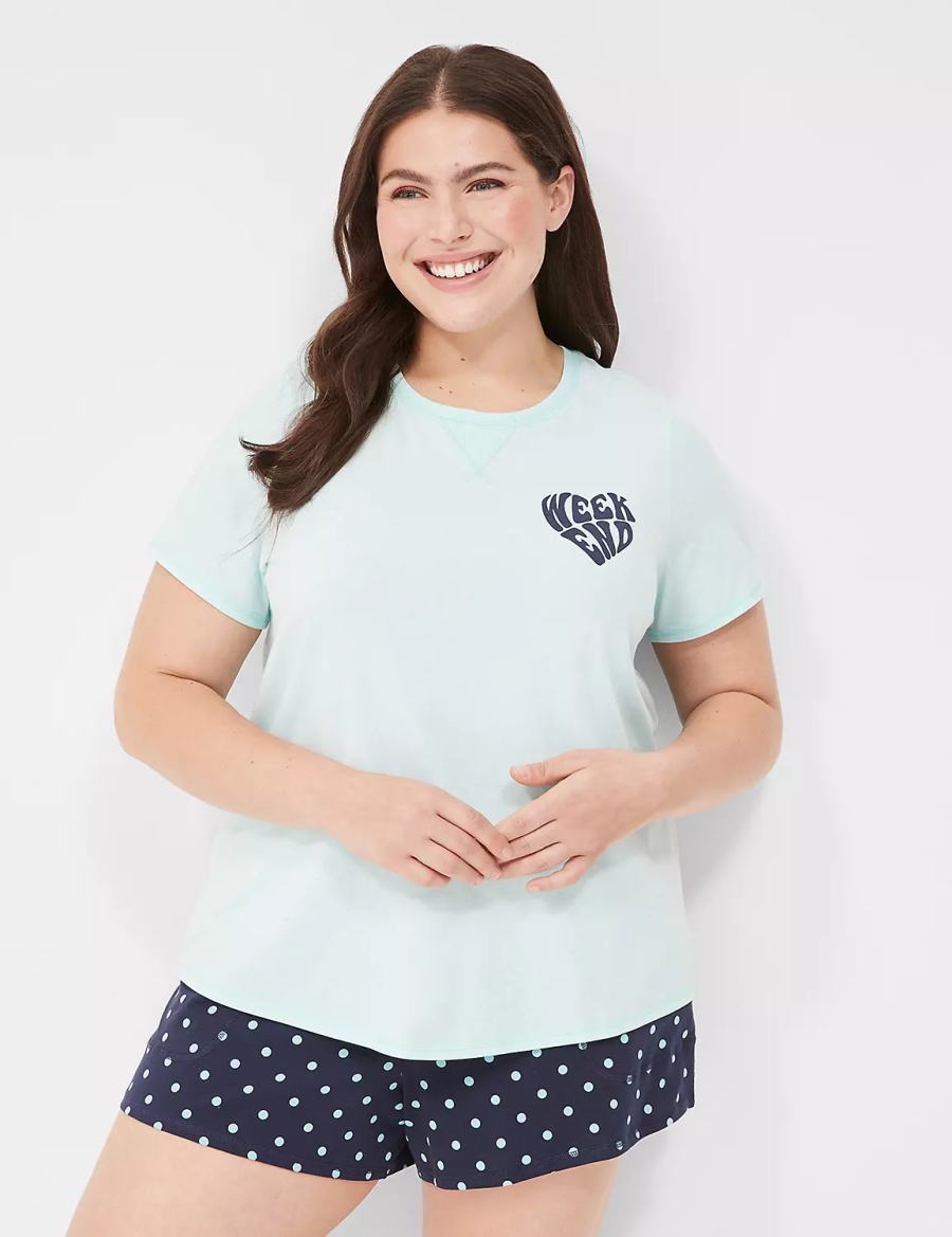 Women Lane Bryant Comfy Cotton Rib-Trim Tee & Short PJ Set Pajamas Light Green Multicolor | RRK4691YT